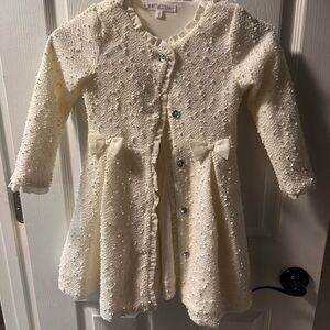 Nannette Girl Cream Textured Coat with Bow Accents